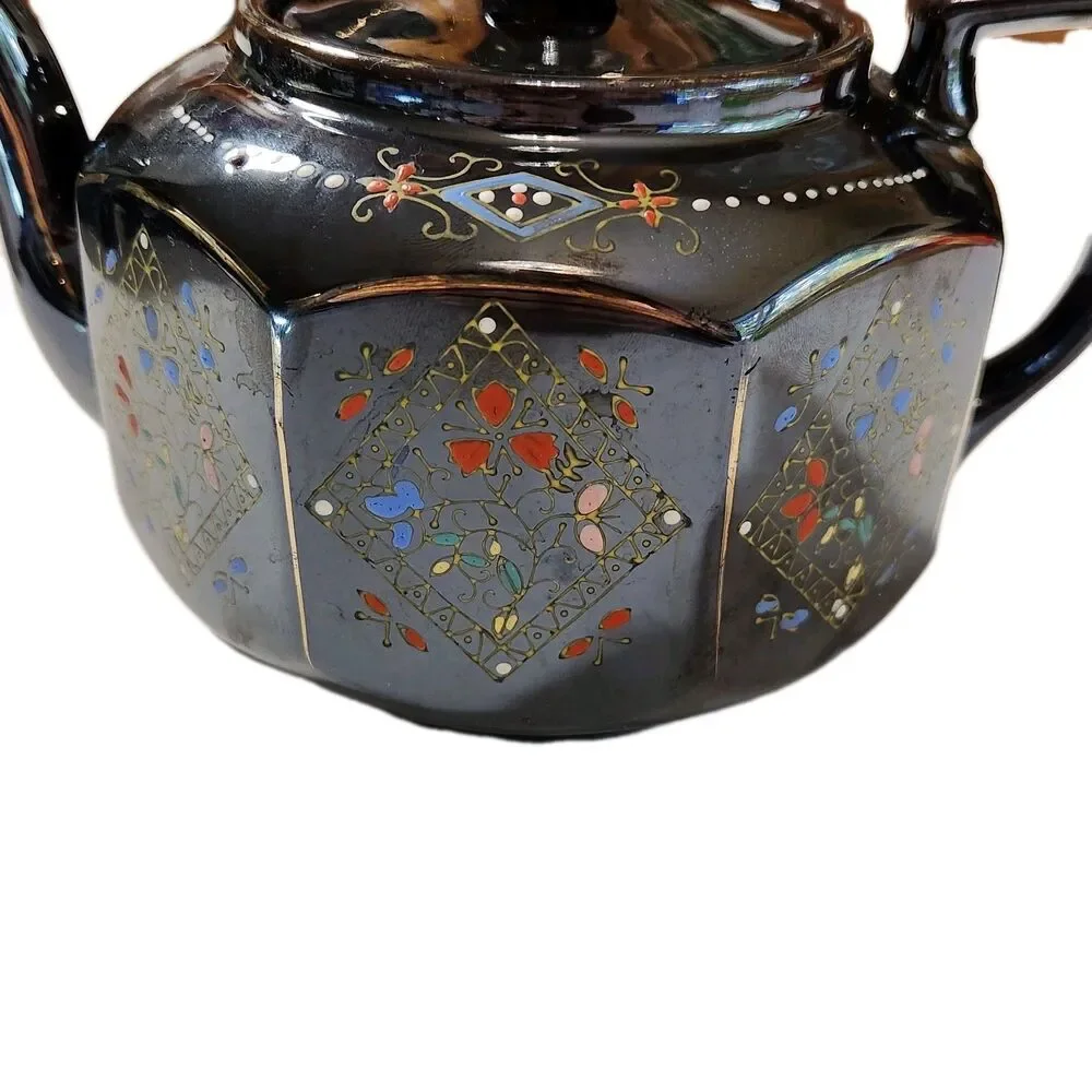 Vintage Japanese Teapot Brown Glazed Gold Trim Hand Painted 8 Sided Ceramic